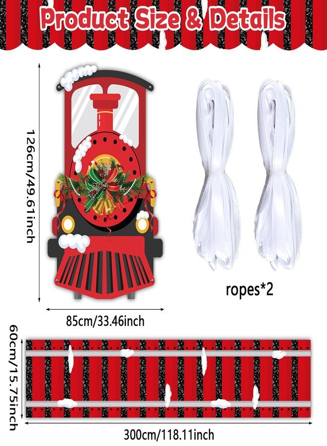 Oitnlaughter Christmas Train Door Cover Train Theme Birthday Party Decoration Polyester Xmas Hanging Banner Railroad Track Aisle Runner for Christmas Holiday Classroom Home Party Supplies Wall Backdrop Photo Prop - Image 2
